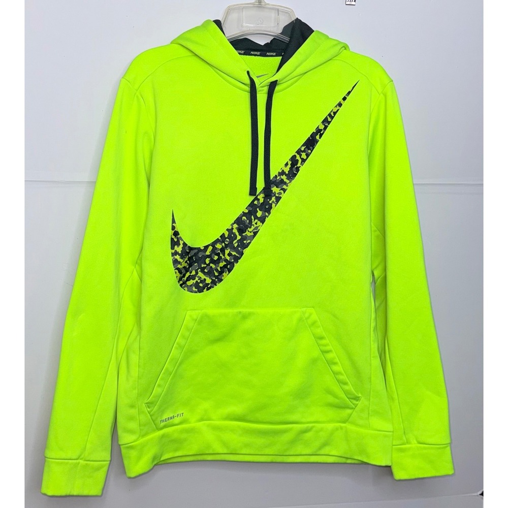 Nike Hoodie M Volt Green Therma-FIT Camo Swoosh Pullover Sporty Streetwear Gym
